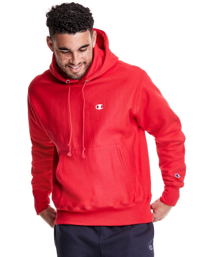 Champion Reverse Weave C Logo Erkek Kapşonlu Sweatshirt Kırmızı ( PREQOJ859 )